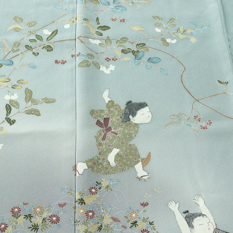 訪問着 良品 落款入り 縮緬 正絹 人物・動物柄 袷仕立て 身丈167.5cm 裄丈67cm リサイクル着物 着物 入学式 卒業式 七五三 お宮参り フォーマル 青・紺_画像6