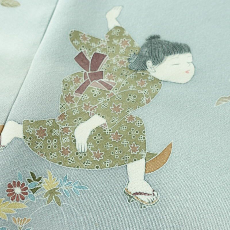 訪問着 良品 落款入り 縮緬 正絹 人物・動物柄 袷仕立て 身丈167.5cm 裄丈67cm リサイクル着物 着物 入学式 卒業式 七五三 お宮参り フォーマル 青・紺_画像7