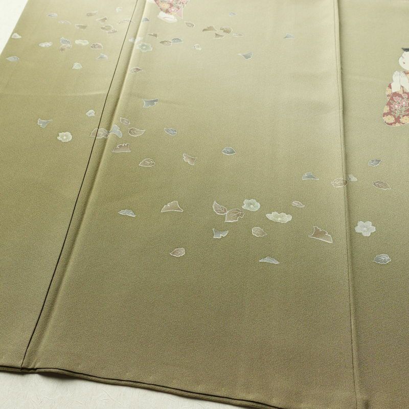 訪問着 良品 関口遼一 十日町友禅 落款入り 縮緬 正絹 人物・動物柄 袷仕立て 身丈156cm 裄丈66cm リサイクル着物 着物 入学式 卒業式 七五三 お宮参り フォーマル ベージュ_画像4