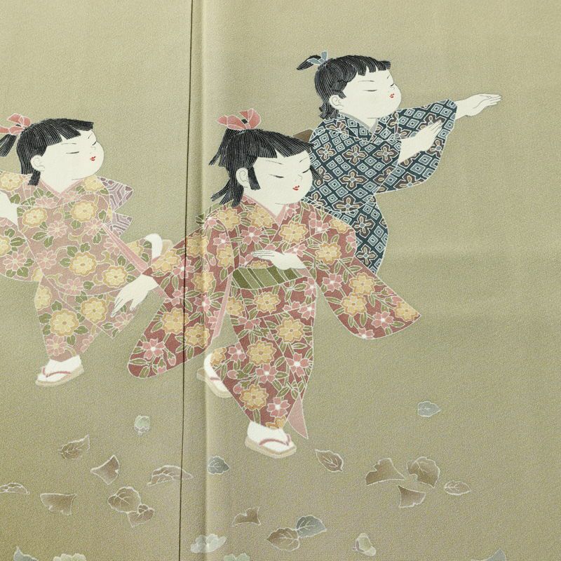 訪問着 良品 関口遼一 十日町友禅 落款入り 縮緬 正絹 人物・動物柄 袷仕立て 身丈156cm 裄丈66cm リサイクル着物 着物 入学式 卒業式 七五三 お宮参り フォーマル ベージュ_画像6