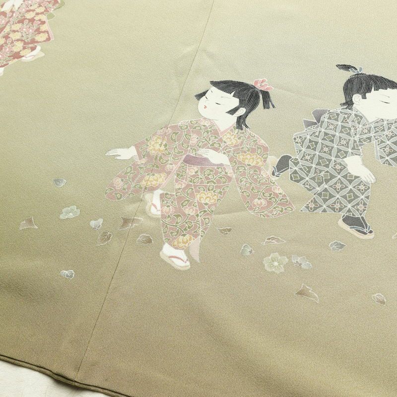 訪問着 良品 関口遼一 十日町友禅 落款入り 縮緬 正絹 人物・動物柄 袷仕立て 身丈156cm 裄丈66cm リサイクル着物 着物 入学式 卒業式 七五三 お宮参り フォーマル ベージュ_画像13
