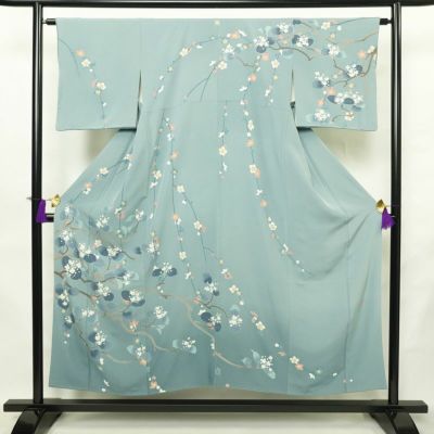 訪問着 落款入り 縮緬 一つ紋付き 正絹 花柄 袷仕立て 身丈150cm 裄丈63cm リサイクル着物 着物 共八掛 入学式 卒業式 七五三 お宮参り フォーマル 青・紺
