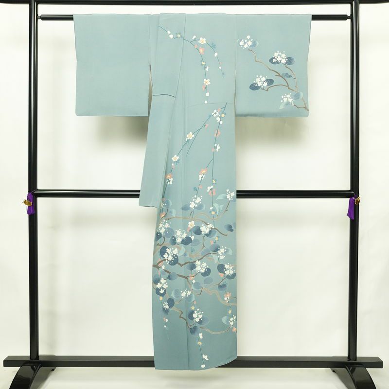 訪問着 落款入り 縮緬 一つ紋付き 正絹 花柄 袷仕立て 身丈150cm 裄丈63cm リサイクル着物 着物 共八掛 入学式 卒業式 七五三 お宮参り フォーマル 青・紺_画像2