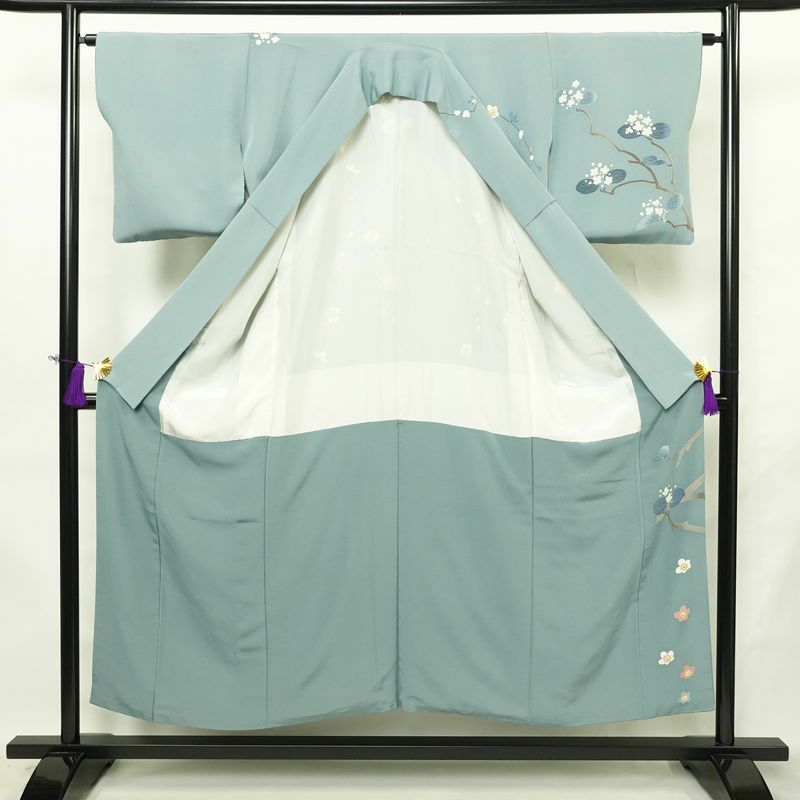 訪問着 落款入り 縮緬 一つ紋付き 正絹 花柄 袷仕立て 身丈150cm 裄丈63cm リサイクル着物 着物 共八掛 入学式 卒業式 七五三 お宮参り フォーマル 青・紺_画像3