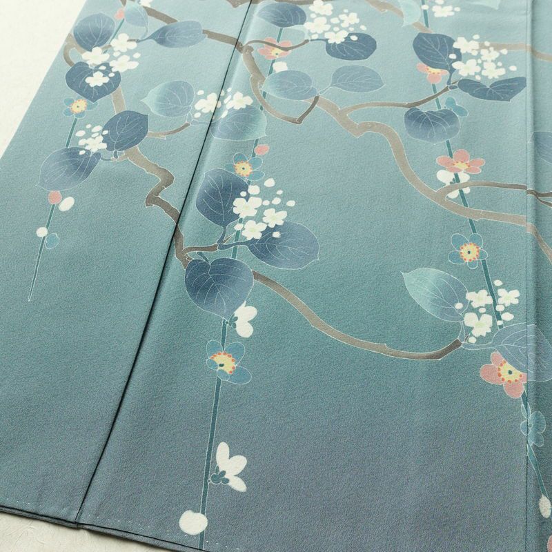 訪問着 落款入り 縮緬 一つ紋付き 正絹 花柄 袷仕立て 身丈150cm 裄丈63cm リサイクル着物 着物 共八掛 入学式 卒業式 七五三 お宮参り フォーマル 青・紺_画像4