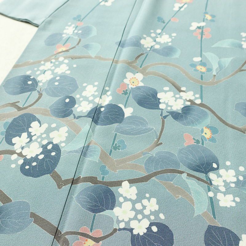 訪問着 落款入り 縮緬 一つ紋付き 正絹 花柄 袷仕立て 身丈150cm 裄丈63cm リサイクル着物 着物 共八掛 入学式 卒業式 七五三 お宮参り フォーマル 青・紺_画像5