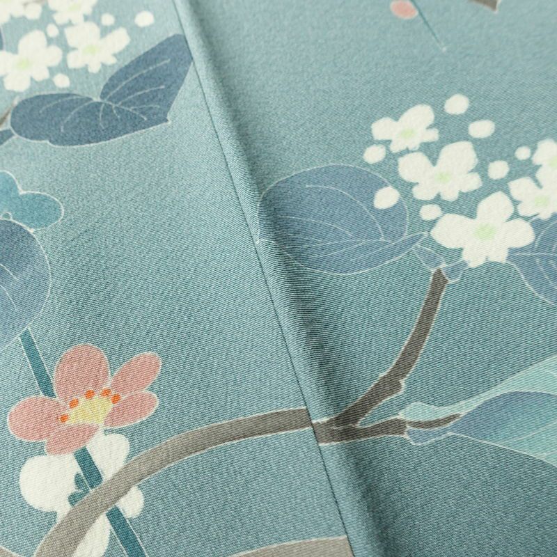 訪問着 落款入り 縮緬 一つ紋付き 正絹 花柄 袷仕立て 身丈150cm 裄丈63cm リサイクル着物 着物 共八掛 入学式 卒業式 七五三 お宮参り フォーマル 青・紺_画像11