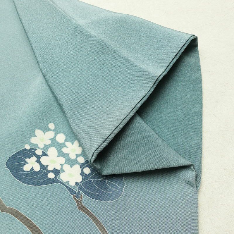 訪問着 落款入り 縮緬 一つ紋付き 正絹 花柄 袷仕立て 身丈150cm 裄丈63cm リサイクル着物 着物 共八掛 入学式 卒業式 七五三 お宮参り フォーマル 青・紺_画像16