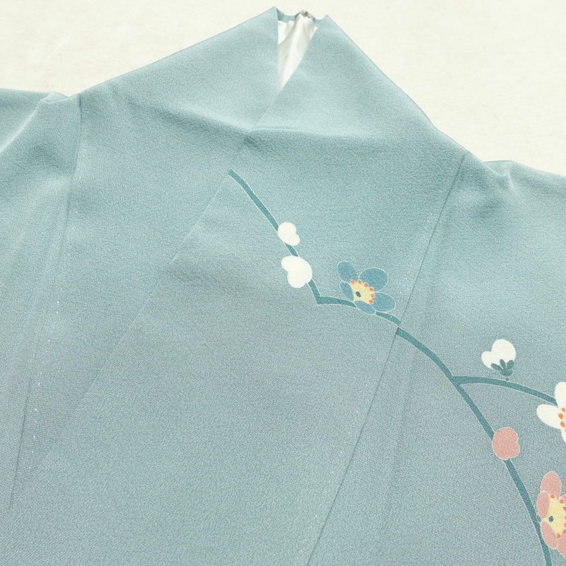訪問着 落款入り 縮緬 一つ紋付き 正絹 花柄 袷仕立て 身丈150cm 裄丈63cm リサイクル着物 着物 共八掛 入学式 卒業式 七五三 お宮参り フォーマル 青・紺_画像18