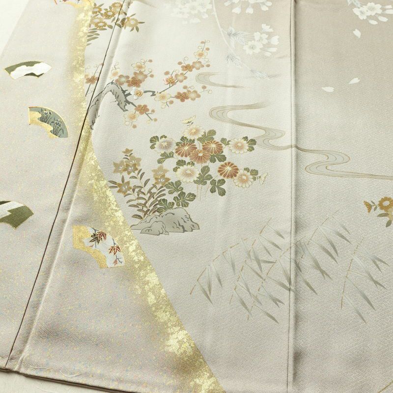 訪問着 金駒刺繍 一つ紋付き 正絹 古典柄 袷仕立て 身丈160cm 裄丈62.5cm リサイクル着物 着物 刺繍 箔 入学式 卒業式 七五三 お宮参り フォーマル グレージュ グレー_画像4