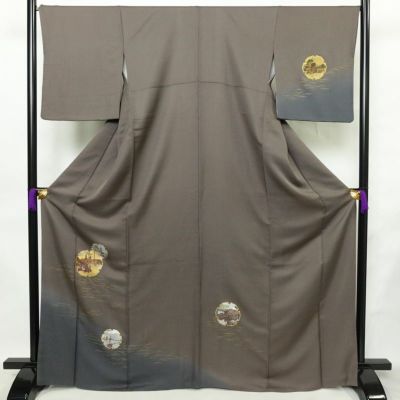 訪問着 美品 正絹 風景柄 袷仕立て 身丈167cm 裄丈67cm リサイクル着物 着物 箔 金彩 入学式 卒業式 七五三 フォーマル 茶