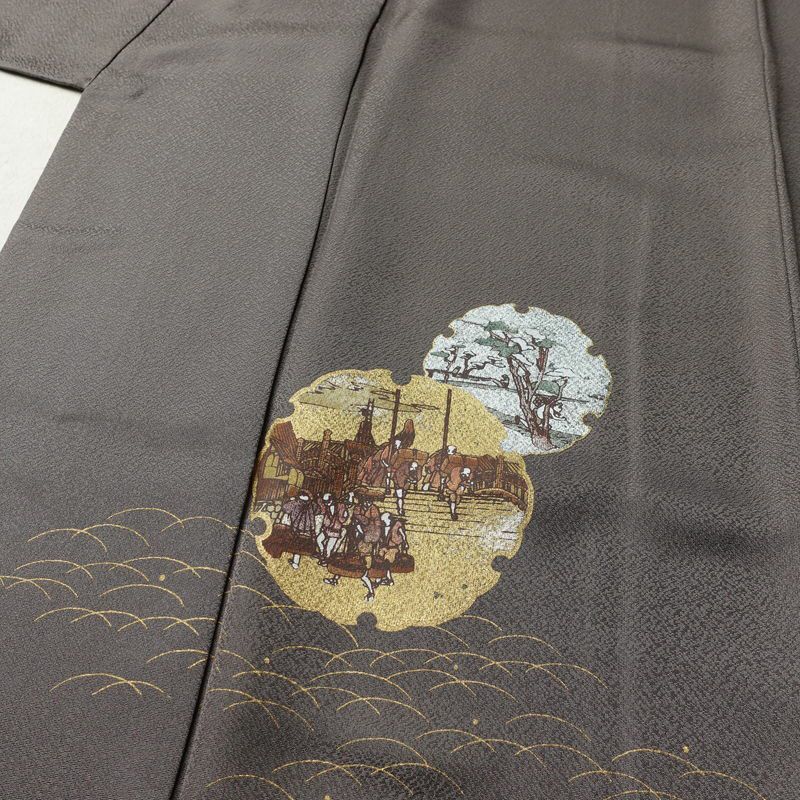 訪問着 美品 正絹 風景柄 袷仕立て 身丈167cm 裄丈67cm リサイクル着物 着物 箔 金彩 入学式 卒業式 七五三 フォーマル 茶_画像5