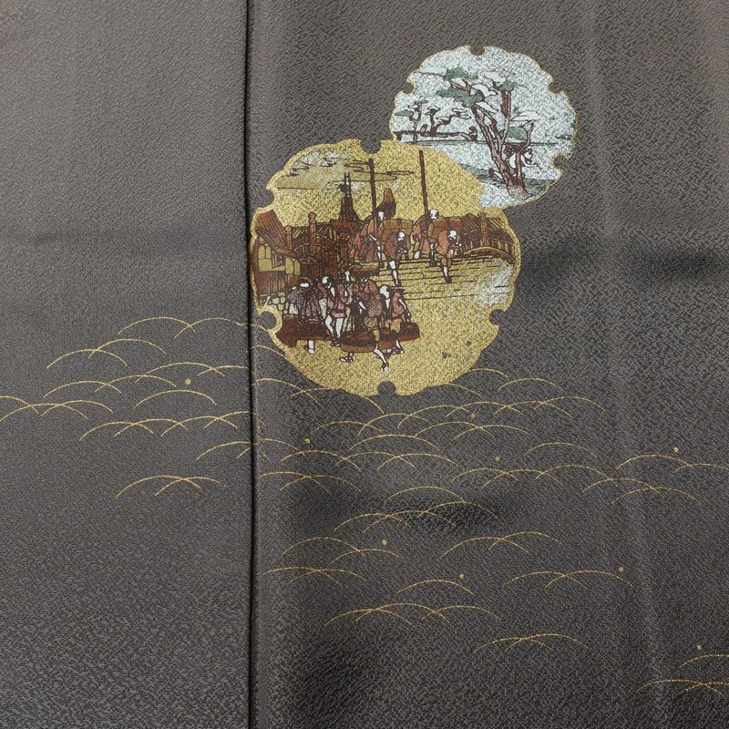 訪問着 美品 正絹 風景柄 袷仕立て 身丈167cm 裄丈67cm リサイクル着物 着物 箔 金彩 入学式 卒業式 七五三 フォーマル 茶_画像6