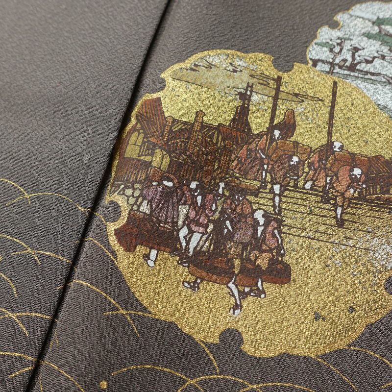 訪問着 美品 正絹 風景柄 袷仕立て 身丈167cm 裄丈67cm リサイクル着物 着物 箔 金彩 入学式 卒業式 七五三 フォーマル 茶_画像7