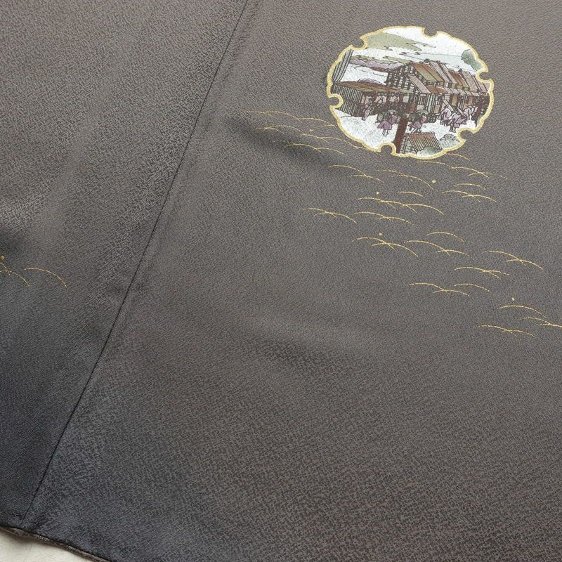 訪問着 美品 正絹 風景柄 袷仕立て 身丈167cm 裄丈67cm リサイクル着物 着物 箔 金彩 入学式 卒業式 七五三 フォーマル 茶_画像13