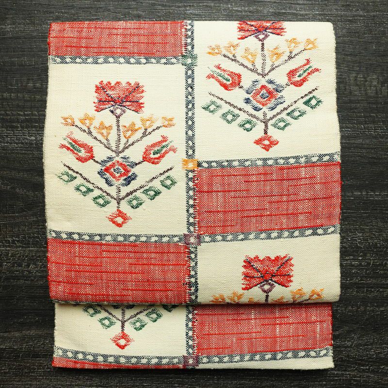 名古屋帯 六通柄 良品 正絹 花柄 松葉仕立て なごや帯 リサイクル帯 帯 紬地 白_画像1