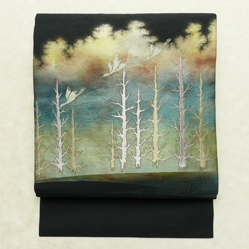 名古屋帯 太鼓柄 正絹 風景柄 名古屋仕立て なごや帯 リサイクル帯 帯 箔 黒_画像1