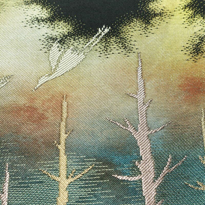 名古屋帯 太鼓柄 正絹 風景柄 名古屋仕立て なごや帯 リサイクル帯 帯 箔 黒_画像4