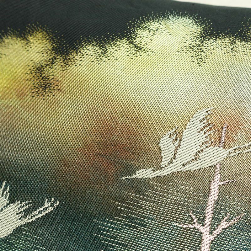 名古屋帯 太鼓柄 正絹 風景柄 名古屋仕立て なごや帯 リサイクル帯 帯 箔 黒_画像5