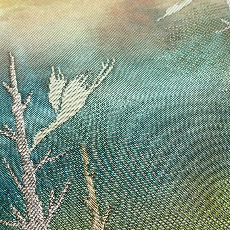 名古屋帯 太鼓柄 正絹 風景柄 名古屋仕立て なごや帯 リサイクル帯 帯 箔 黒_画像6