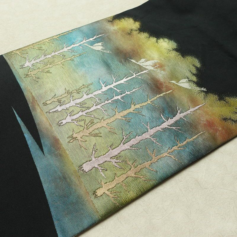 名古屋帯 太鼓柄 正絹 風景柄 名古屋仕立て なごや帯 リサイクル帯 帯 箔 黒_画像10