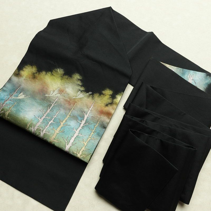 名古屋帯 太鼓柄 正絹 風景柄 名古屋仕立て なごや帯 リサイクル帯 帯 箔 黒_画像19