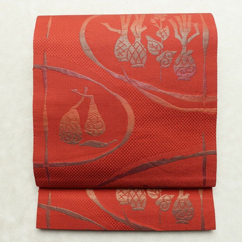 名古屋帯 六通柄 正絹 幾何学柄・抽象柄 通し仕立て なごや帯 リサイクル帯 帯 赤・朱_画像1