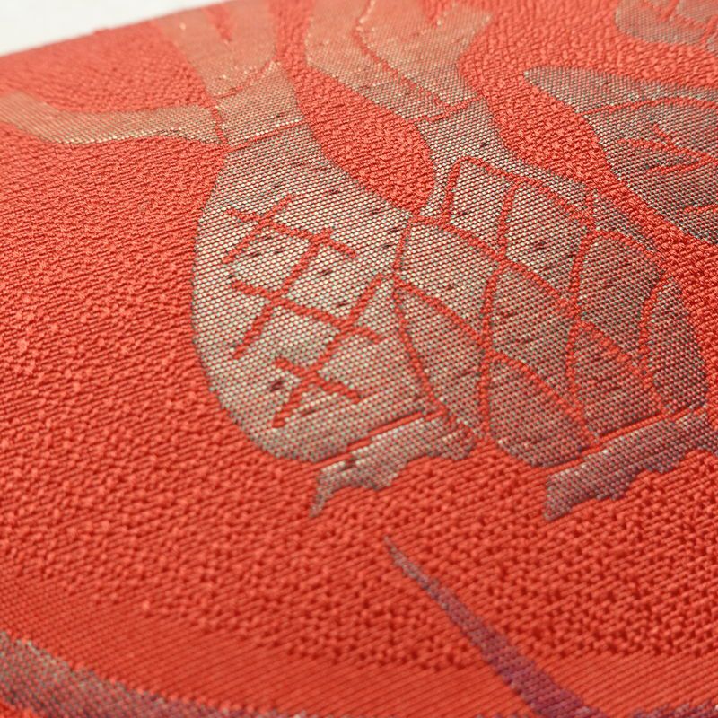 名古屋帯 六通柄 正絹 幾何学柄・抽象柄 通し仕立て なごや帯 リサイクル帯 帯 赤・朱_画像6