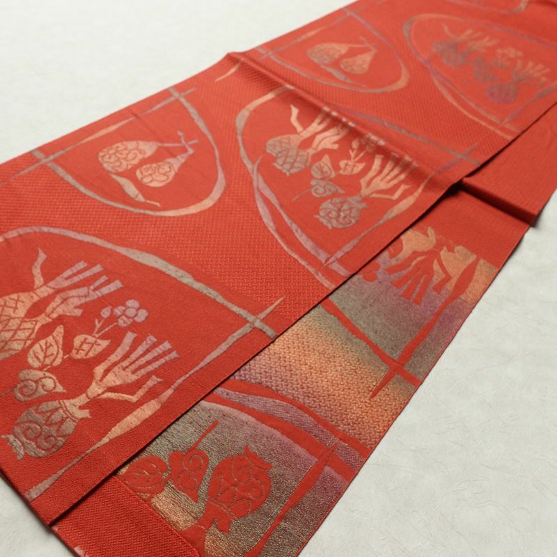 名古屋帯 六通柄 正絹 幾何学柄・抽象柄 通し仕立て なごや帯 リサイクル帯 帯 赤・朱_画像9