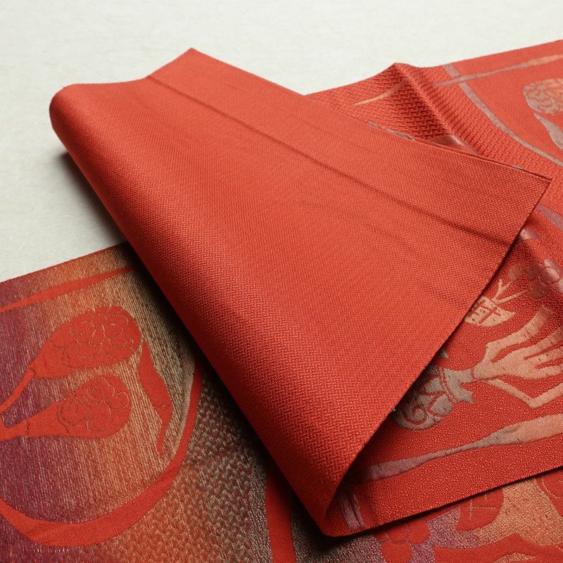 名古屋帯 六通柄 正絹 幾何学柄・抽象柄 通し仕立て なごや帯 リサイクル帯 帯 赤・朱_画像10