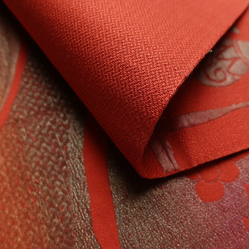 名古屋帯 六通柄 正絹 幾何学柄・抽象柄 通し仕立て なごや帯 リサイクル帯 帯 赤・朱_画像11