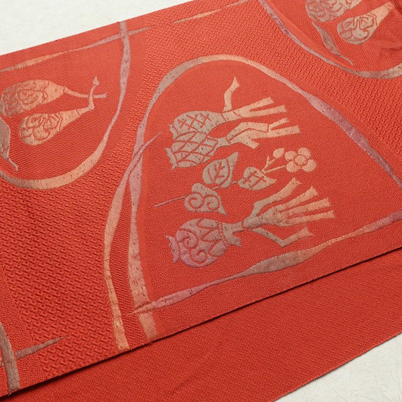 名古屋帯 六通柄 正絹 幾何学柄・抽象柄 通し仕立て なごや帯 リサイクル帯 帯 赤・朱_画像12