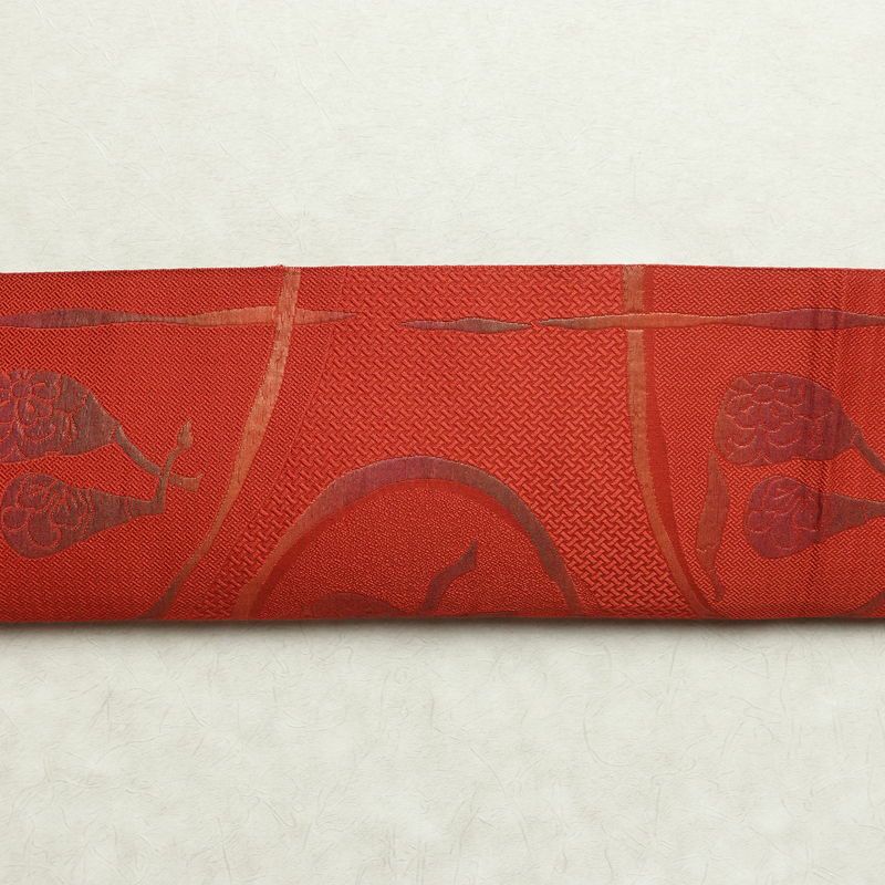 名古屋帯 六通柄 正絹 幾何学柄・抽象柄 通し仕立て なごや帯 リサイクル帯 帯 赤・朱_画像15