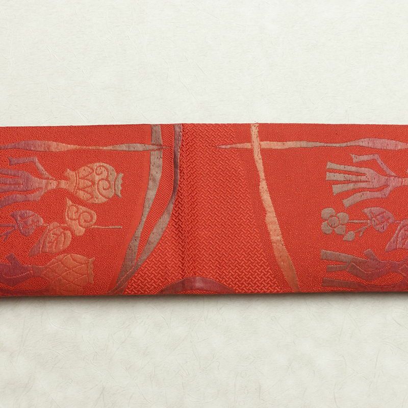 名古屋帯 六通柄 正絹 幾何学柄・抽象柄 通し仕立て なごや帯 リサイクル帯 帯 赤・朱_画像16