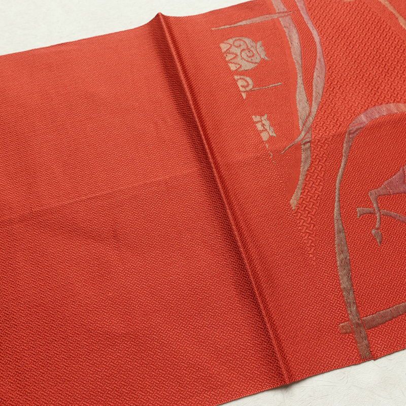 名古屋帯 六通柄 正絹 幾何学柄・抽象柄 通し仕立て なごや帯 リサイクル帯 帯 赤・朱_画像17