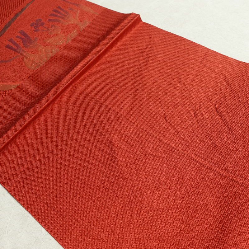 名古屋帯 六通柄 正絹 幾何学柄・抽象柄 通し仕立て なごや帯 リサイクル帯 帯 赤・朱_画像18