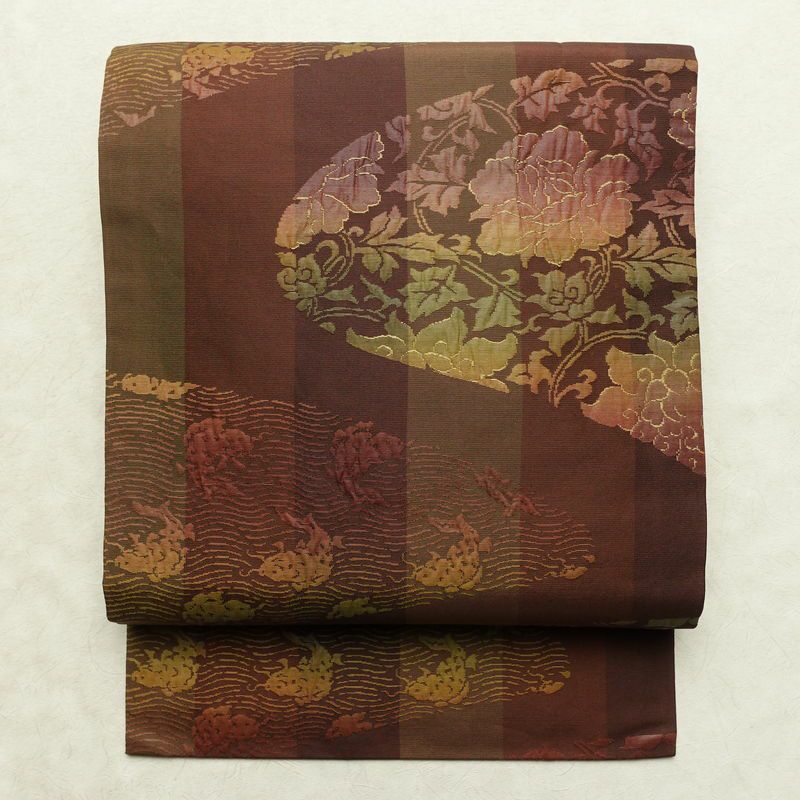 名古屋帯 六通柄 良品 正絹 木の葉・植物柄 名古屋仕立て なごや帯 リサイクル帯 帯 モダン 茶_画像1