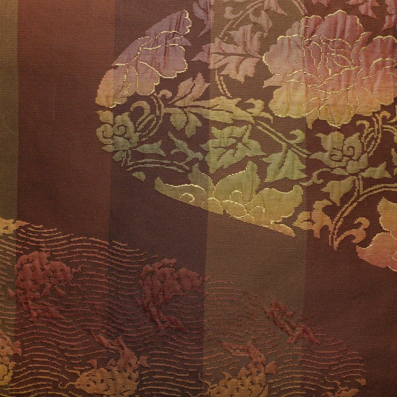 名古屋帯 六通柄 良品 正絹 木の葉・植物柄 名古屋仕立て なごや帯 リサイクル帯 帯 モダン 茶_画像2