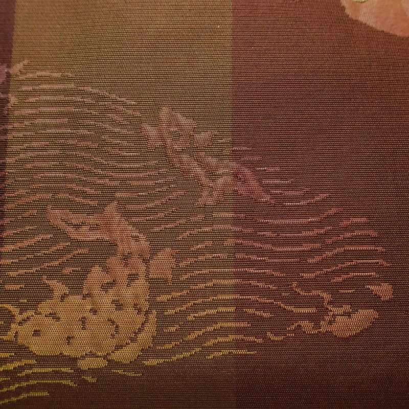 名古屋帯 六通柄 良品 正絹 木の葉・植物柄 名古屋仕立て なごや帯 リサイクル帯 帯 モダン 茶_画像3