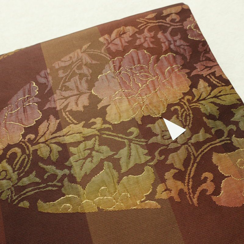名古屋帯 六通柄 良品 正絹 木の葉・植物柄 名古屋仕立て なごや帯 リサイクル帯 帯 モダン 茶_画像5