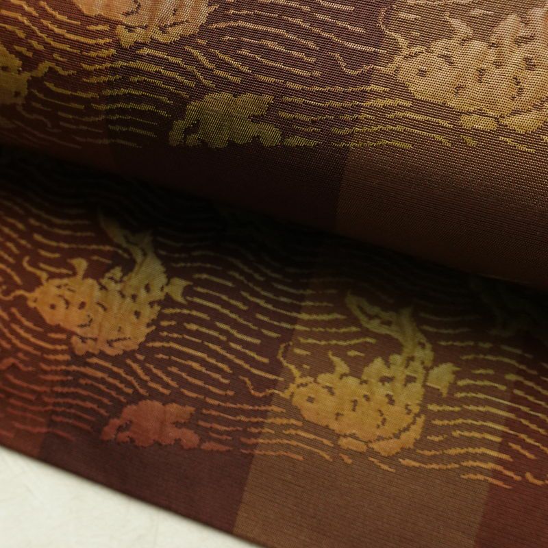 名古屋帯 六通柄 良品 正絹 木の葉・植物柄 名古屋仕立て なごや帯 リサイクル帯 帯 モダン 茶_画像9