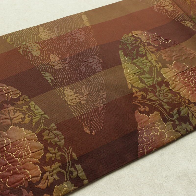 名古屋帯 六通柄 良品 正絹 木の葉・植物柄 名古屋仕立て なごや帯 リサイクル帯 帯 モダン 茶_画像12
