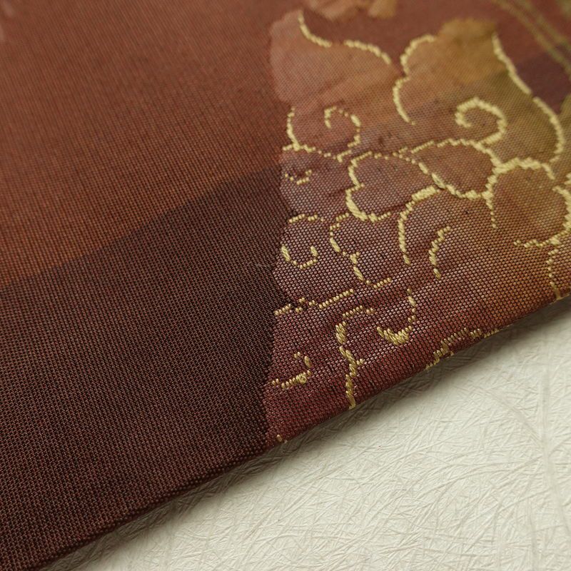 名古屋帯 六通柄 良品 正絹 木の葉・植物柄 名古屋仕立て なごや帯 リサイクル帯 帯 モダン 茶_画像13