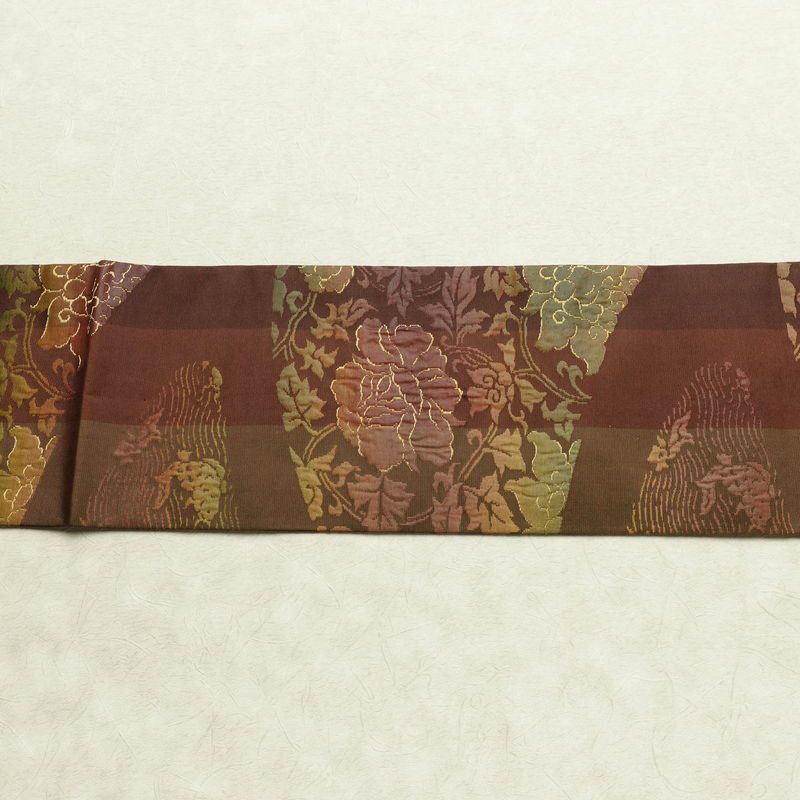 名古屋帯 六通柄 良品 正絹 木の葉・植物柄 名古屋仕立て なごや帯 リサイクル帯 帯 モダン 茶_画像15