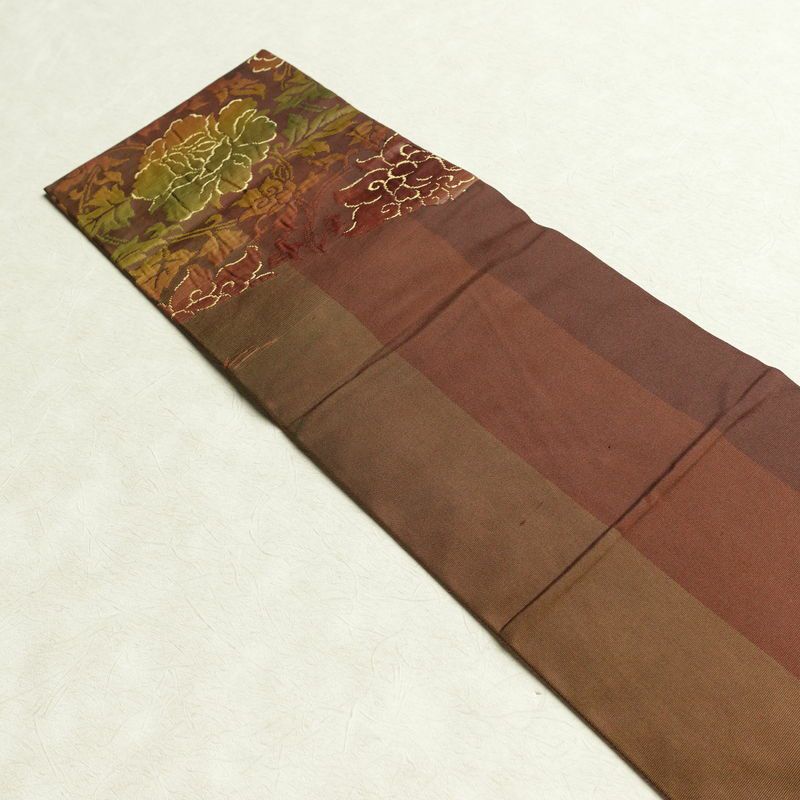 名古屋帯 六通柄 良品 正絹 木の葉・植物柄 名古屋仕立て なごや帯 リサイクル帯 帯 モダン 茶_画像16
