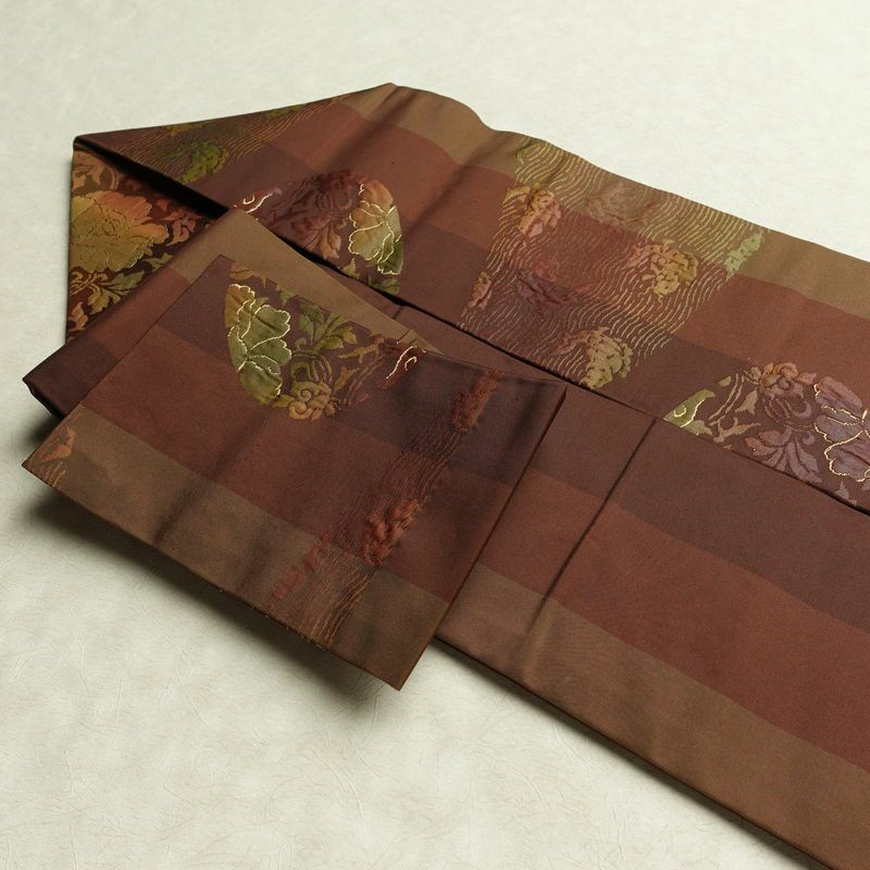 名古屋帯 六通柄 良品 正絹 木の葉・植物柄 名古屋仕立て なごや帯 リサイクル帯 帯 モダン 茶_画像21