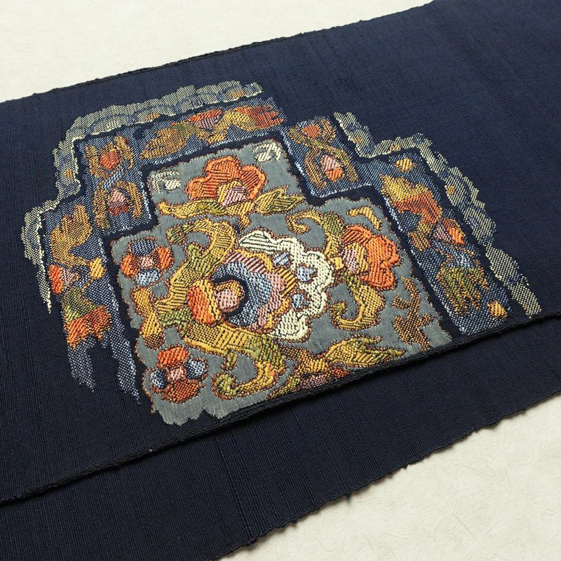 名古屋帯 太鼓柄 良品 正絹 幾何学柄・抽象柄 通し仕立て なごや帯 リサイクル帯 帯 モダン 紬地 青・紺_画像13