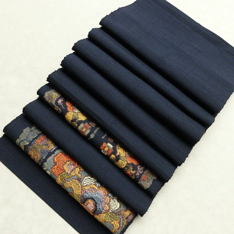 名古屋帯 太鼓柄 良品 正絹 幾何学柄・抽象柄 通し仕立て なごや帯 リサイクル帯 帯 モダン 紬地 青・紺_画像19