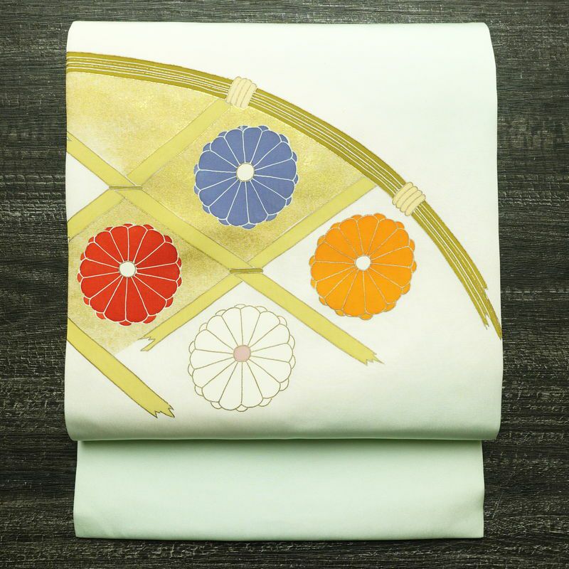 名古屋帯 太鼓柄 正絹 花柄 名古屋仕立て なごや帯 リサイクル帯 帯 箔 銀彩 シンプル 菊 緑・うぐいす色_画像1