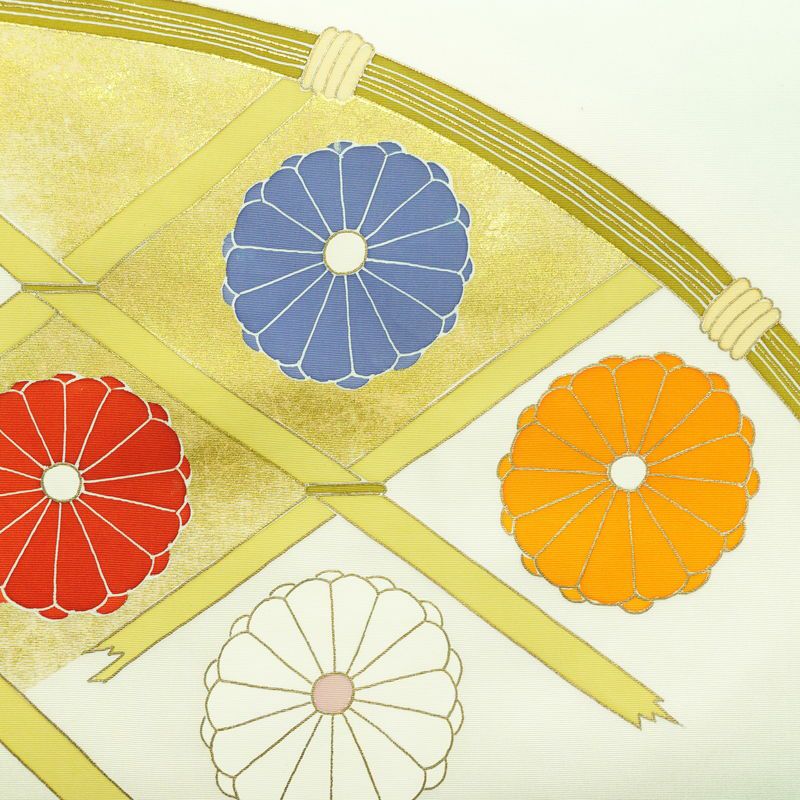 名古屋帯 太鼓柄 正絹 花柄 名古屋仕立て なごや帯 リサイクル帯 帯 箔 銀彩 シンプル 菊 緑・うぐいす色_画像2